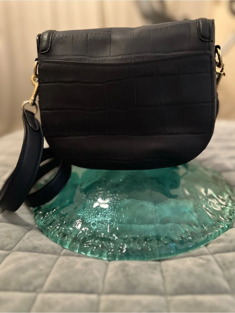 COACH Jade Saddle Bag Black Crocodile Embossed Leather Crossbody 91068